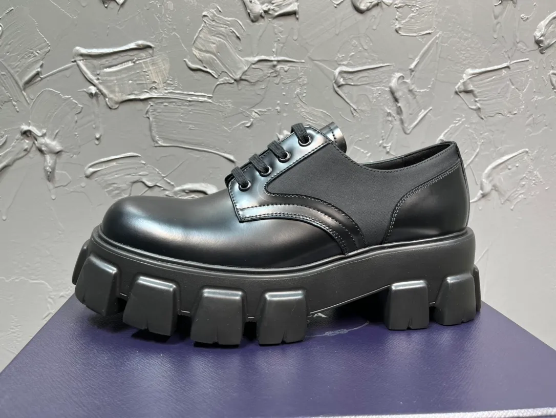 Men's shoes 💰780💰 🔥🔥🔥Upgraded version 2025 new prada Prada lace-up derby shoes l round-toe spliced ​​loafers, developed one-to-one with the original version, one-to-one private molding of the outsole, the fabric is made of imported open-edge beads, lining cowhide, foot-pad cowhide, sole height 5cm, outsole original rubber foam sole, code number 39-46